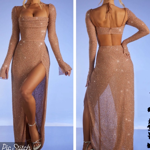 Oh Polly Champel Embellished Cowl Neck Long Sleeve Maxi Dress in Nude - Picture 1 of 11